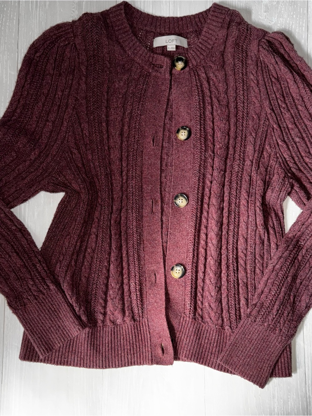 LOFT Cable Knit Button-Front Cardigan - Wine